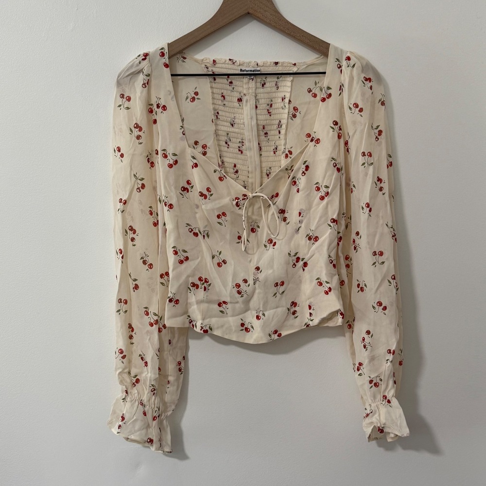 Reformation Blouse Womens 6 Cream Cherry Puff Sleeve Sweetheart Neck Cottagecore